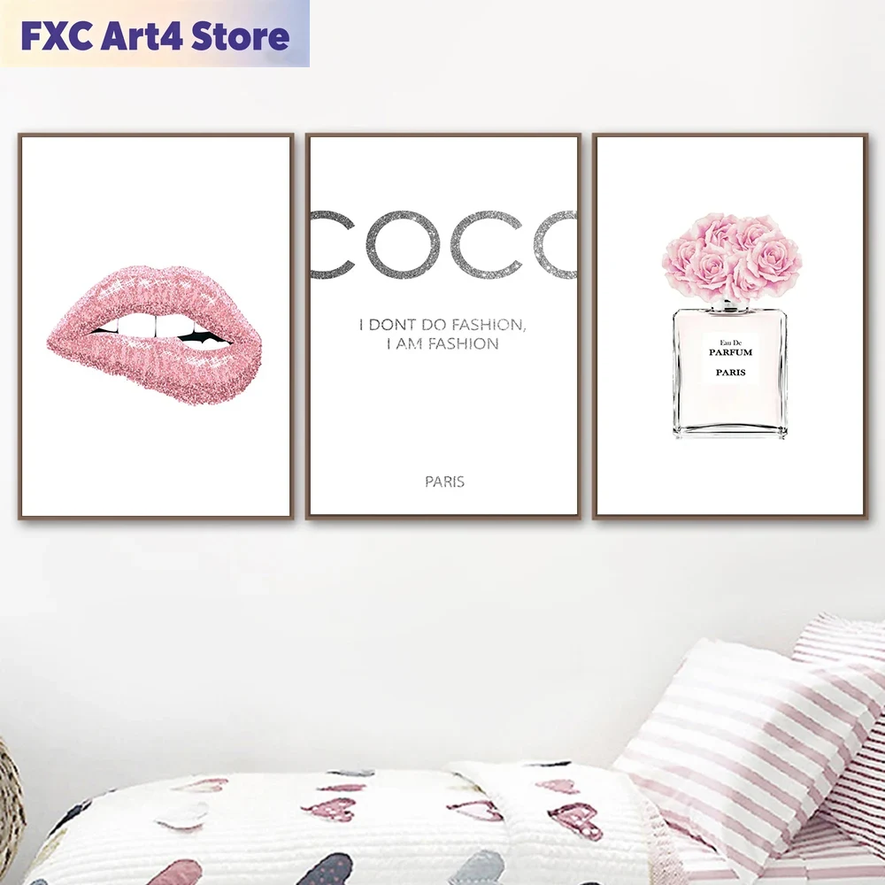 Home Decor Y2K - Frameloze modebloem parfum roze lippen poster